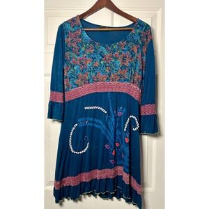 Rising International NEPAL HANDMADE TEAL with MULTI-COLOR FLOWER Viscous Dress
